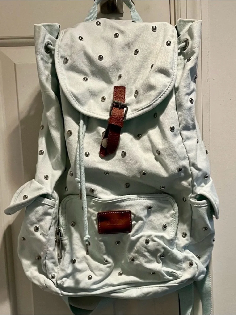 PINK Victoria’s Secret Light Blue Studded Canvas Backpack with Brown Accent